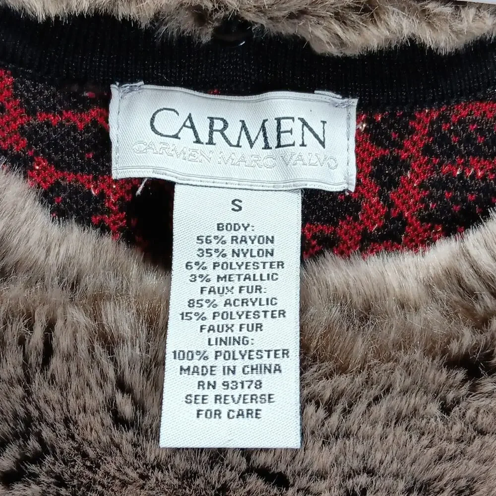 Carmen Marc Valvo Sweater w/ Faux Fur Collar Red‎ & Black Women's Size Small